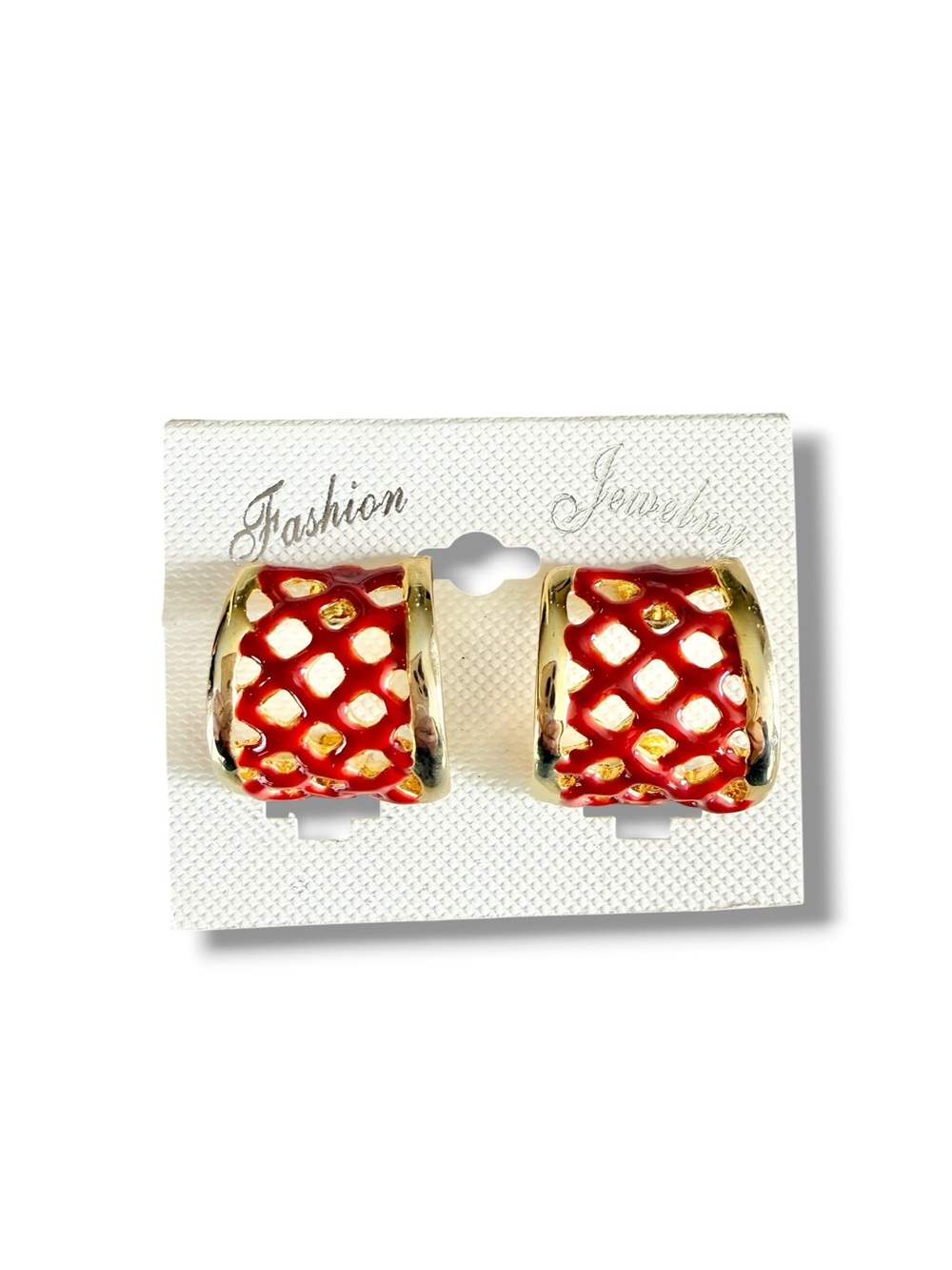Vintage 90s Red Enamel Clip On Earrings Gold Tone Curved Statement NWT NOS
